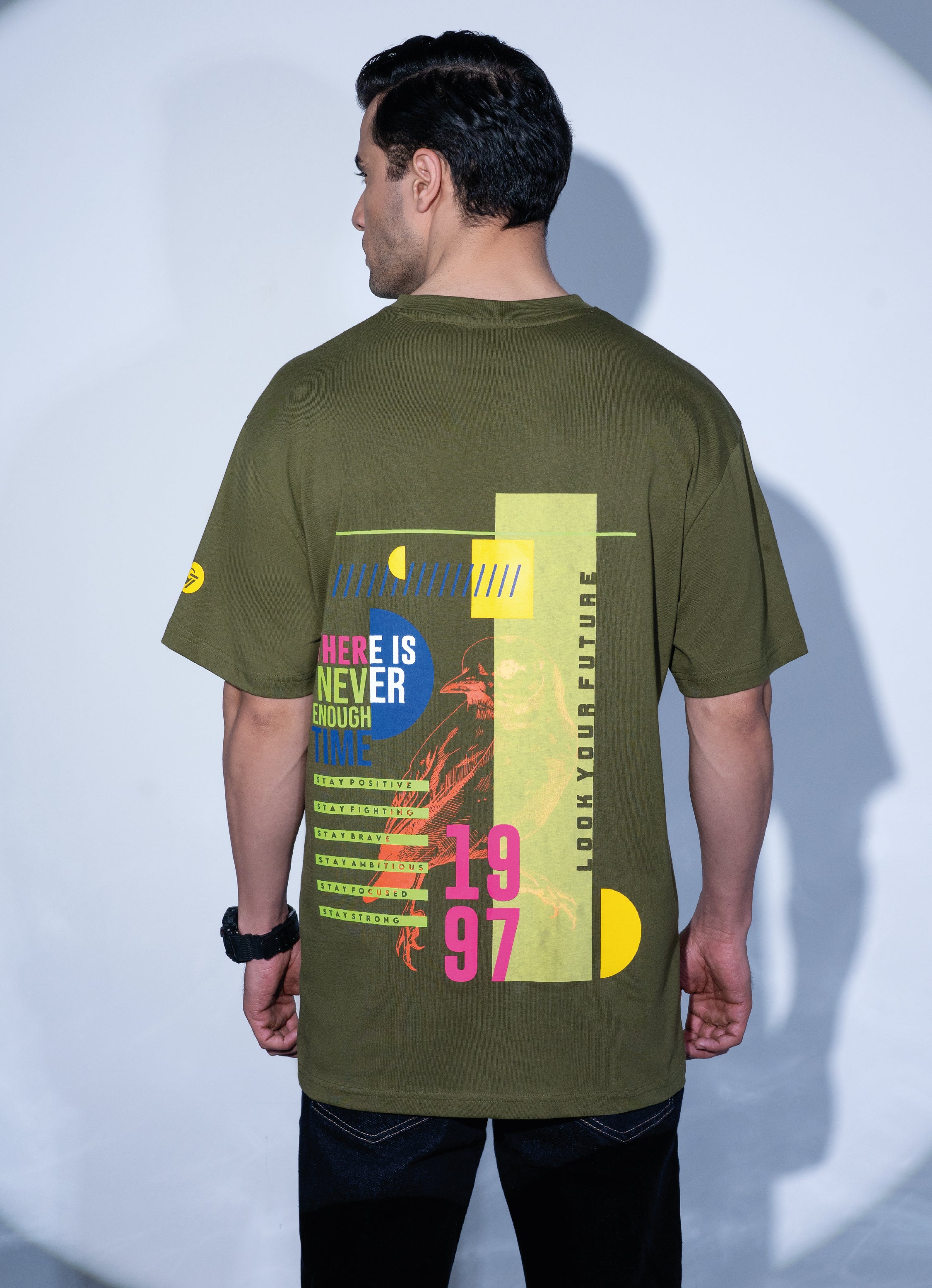 Buy The 97th Hour POP Bird Urban Graphic Oversized T-Shirt - Olive back Look