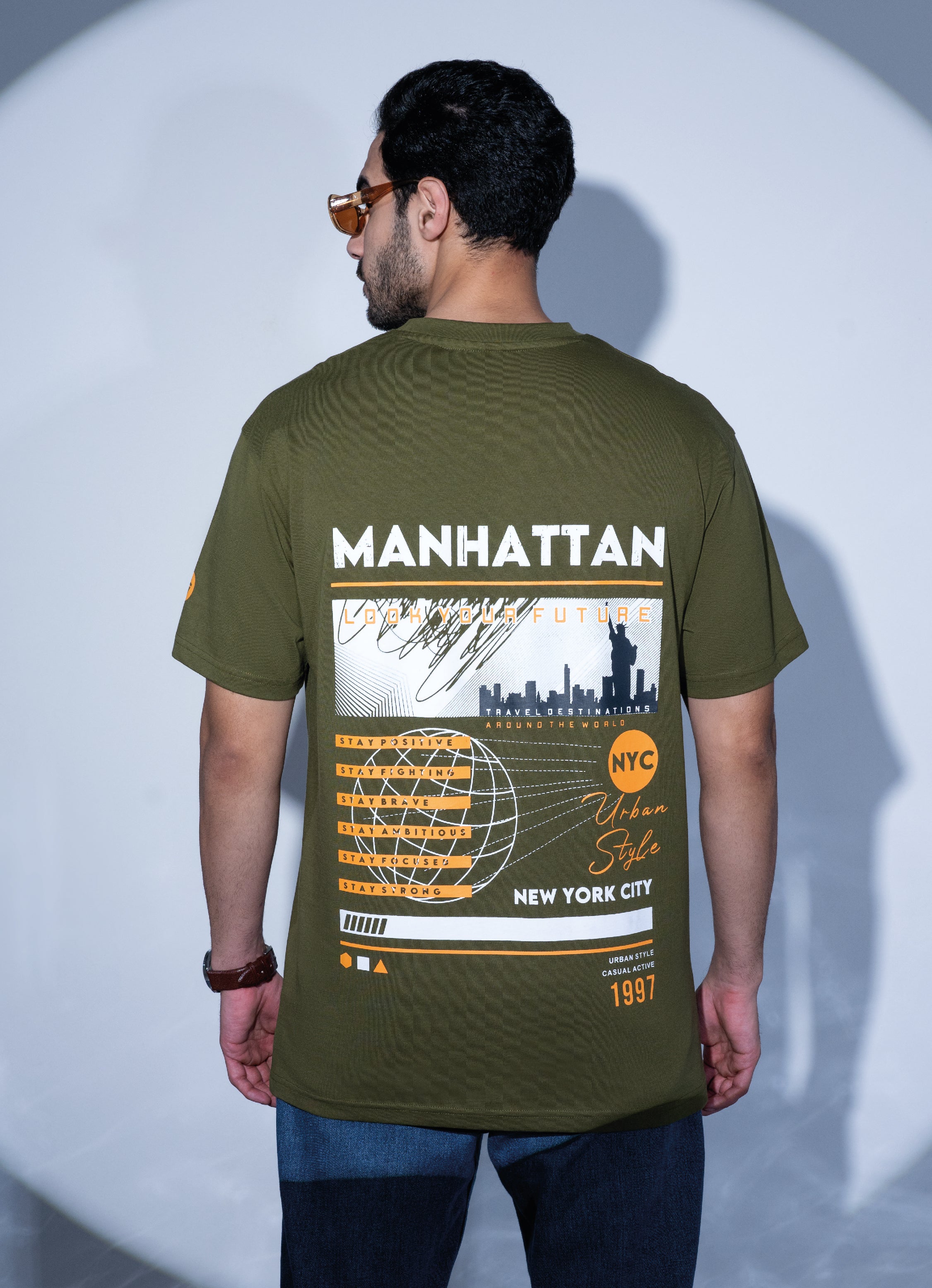 Buy the 97thhour Olive Manhattan Graphic Oversized T-shirt Back Look at Best Price